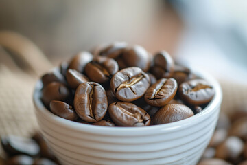 Closeup of coffee beans in a white bowl