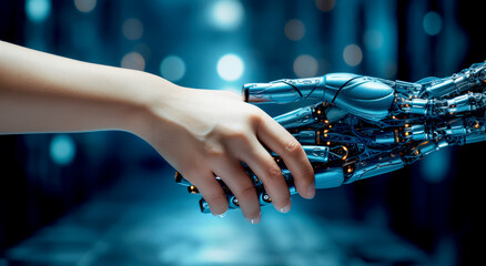 robot and human handshake. Concept of artificial intelligence for industrial revolution.