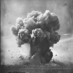 lack and white image of a large explosion with a mushroom cloud
