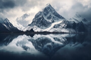 a snowy mountain range and a body of water - Powered by Adobe