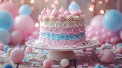 Fototapeten Sweet pastel pink blue baby shower cake on birthday party blurred background. Card, poster, copy space. Gender reveal, it is a boy or girl concept. Generative ai © Iuliia Metkalova