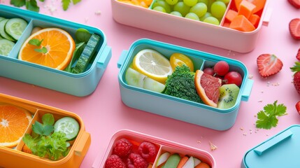 Lunch boxes with healthy organic and nutritious food for schoolchildren on colorful background. Back to school concept. Generative ai