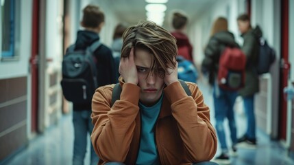 Bullying at high school concept. Depressed school boy alone at school corridor. Stress and mental problem in childhood. Generative ai