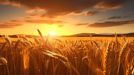 Wheat field in the sun close-up during harvest season