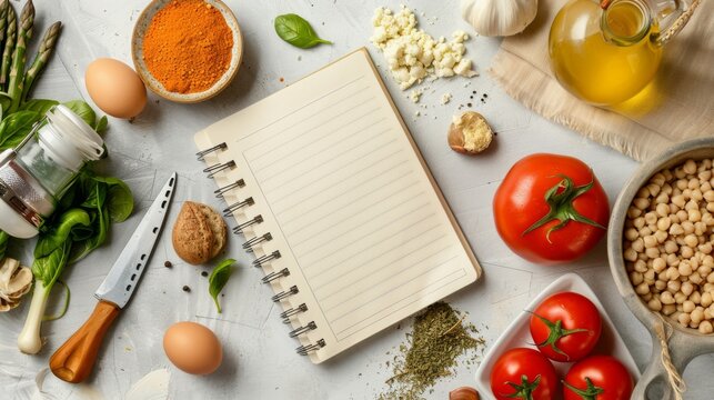 Empty White Weekly Meal Notebook Planner And Different Healthy Products On Grey Stone Background. Calories Control, Meal Plan, Food Diet And Weight Loss Concept. Generative Ai