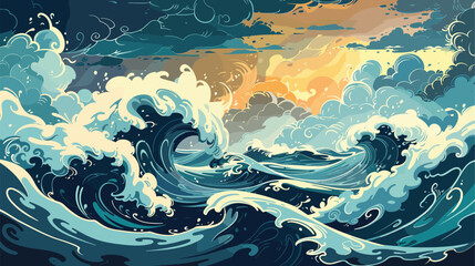 Ocean Sea storm surface. Vector illustration, cartoon seascape or waterscape - 746804692