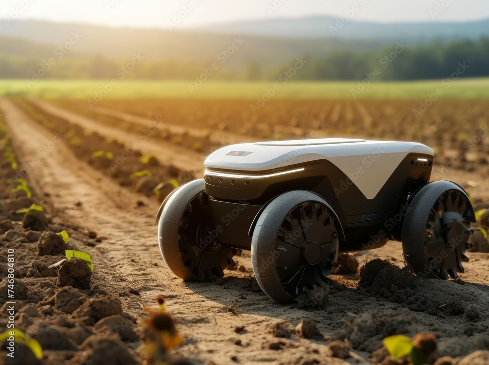 Poster modern farm with robots. background with selective focus and copy space