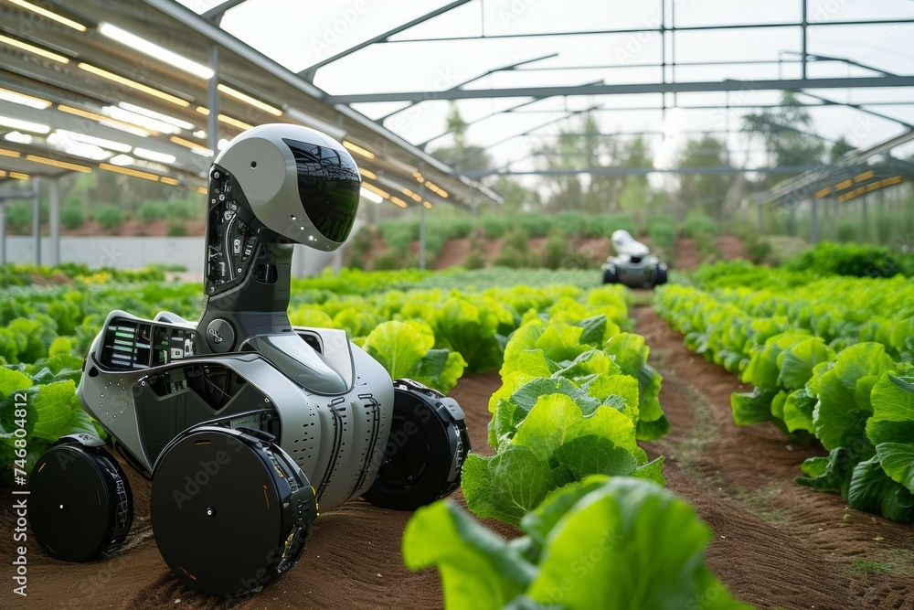 Aufkleber modern greenhouse with robots. background with selective focus and copy space