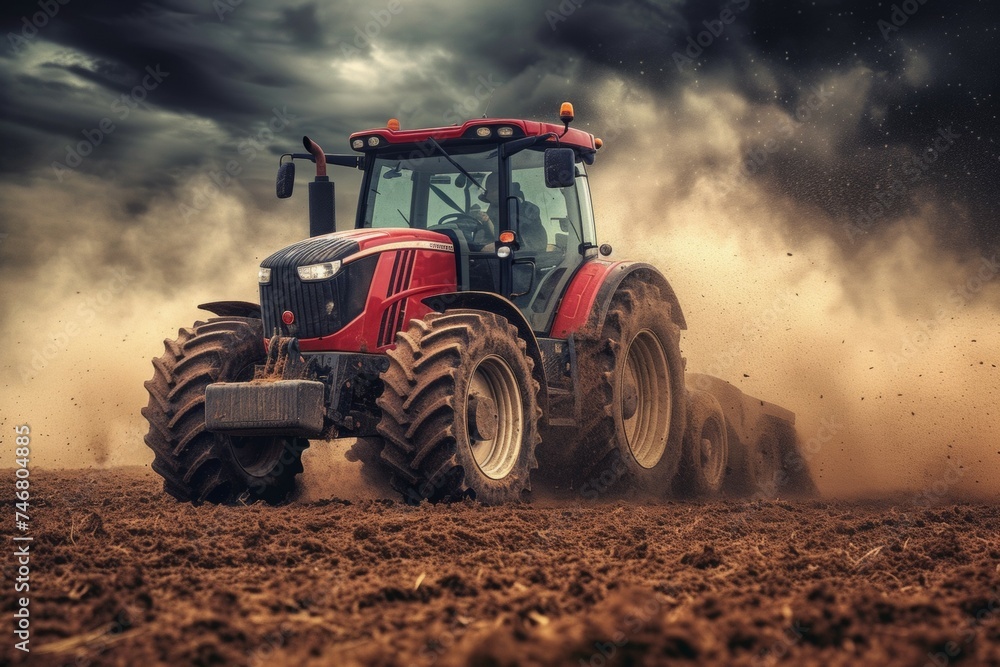 Poster tractor in the field. background with selective focus and copy space
