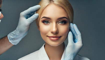 Close up portrait of young blonde woman with cosmetologist man hands in a gloves. Preparation