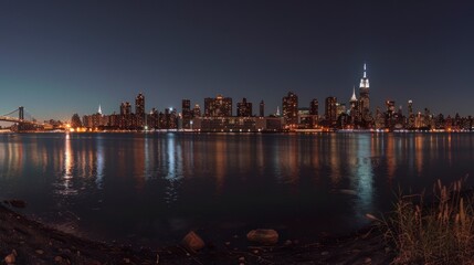 Beautiful view of a city in the United States at night or sunset seen from a majestic lake landscape. night city concept in high definition and high quality, buildings, shadows, houses, skyscrapers