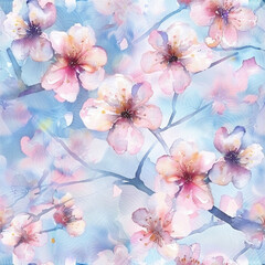 Translucent Sakura Flowers in Pastel Watercolor Painted Colors, Seamless Tile Pattern, Generative AI