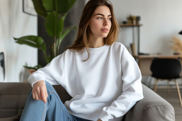 Mockup. Young woman wearing blank white crewneck sweatshirt. Young female sitting on sofa in modern living room. Mock up template for sweatshirt design, print area for logo or design
