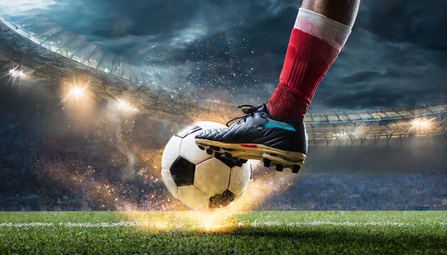 Football scene at night match with close up of a soccer shoe hitting the ball with power