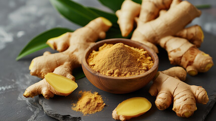 Ginger roots and ginger powder on a dark background - 746805282