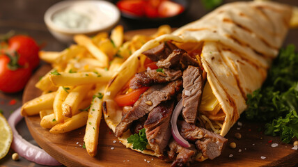 Greek gyros with lamb and french fries