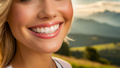 dental care concept for dentists and orthodontist - close up of a woman with a smile and perfect white teeth