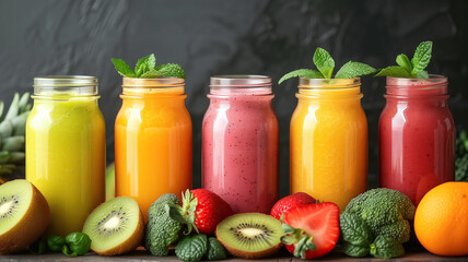 Healthy fruit and vegetable smoothies on a dark background