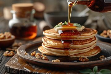 Maple syrup pouring onto delicious pancakes - 746805629