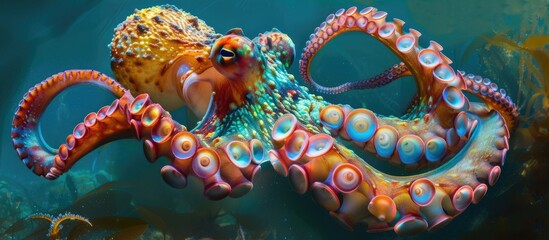 Fototapeta premium An octopus gracefully propels itself through the water, displaying its tentacles and unique body shape as it navigates the depths of the ocean.