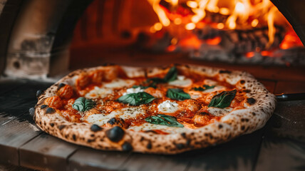 Margherita pizza in front of a lit oven - 746805674