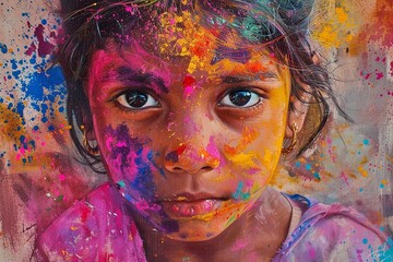 Close-up portrait of young girl with painted face and colorful splashes at Holi festival of colors