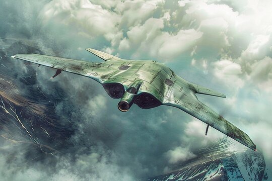 A military modern attack drone is flying in the sky above the clouds