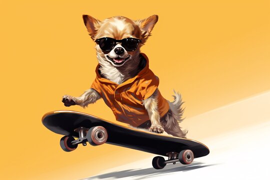 a dog wearing sunglasses and a shirt riding a skateboard