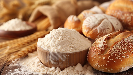 Obraz na płótnie Canvas Photographic composition with a bowl of white flour and bread