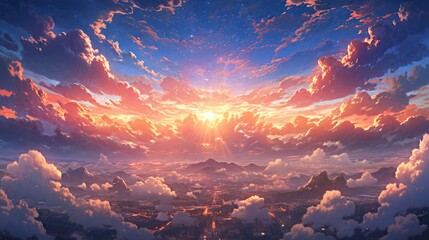 anime concept sky sunset landscape background eclipse, ai