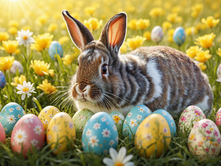 Fototapeta na wymiar Adorable Bunny with Easter Eggs in Flowery Meadow, Colourful Easter Eggs with Floral Patterns, Symbol of easter, spring holiday, springtime joy