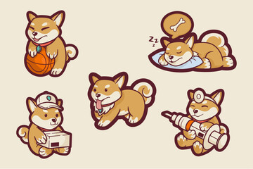 Cute Shiba Inu Japanesse Dog Illustration Set 