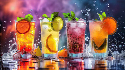 Splashing cocktails collection isolated on a colorful background