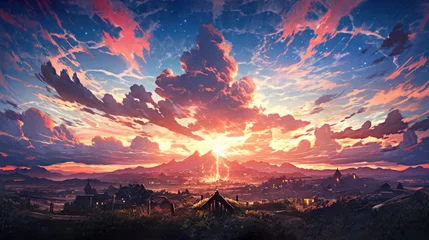 Poster anime concept sky sunset landscape background eclipse, ai © Rachel Yee Laam Lai