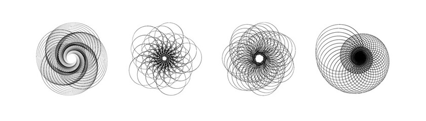 Spirograph patterns collection PNG. Abstract geometric abstract forms isolated. Round and spiral twisted lines. Circular ornament of spirograph for watermarks - obrazy, fototapety, plakaty