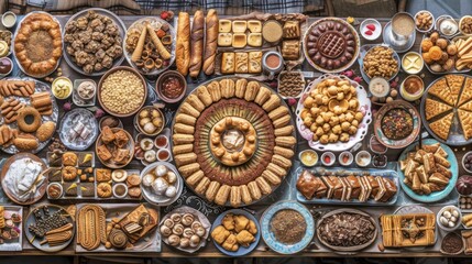 a table topped with lots of different types of food next to a wall covered in plates and bowls of food.