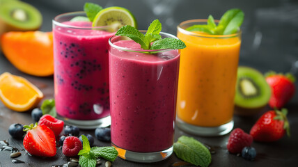 Three fruit and vegetable smoothies on a dark background - 746806200
