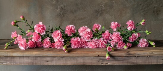 Fototapeta na wymiar A cluster of stunning pink carnations arranged elegantly on a rustic wooden table. The flowers add a pop of color and beauty to the simple yet charming setting.