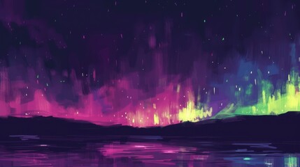 a painting of a purple and green aurora bore in the night sky over a body of water with mountains in the background.