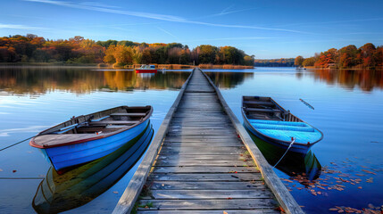 Fototapeta na wymiar Peaceful Lakeside Pier with Fishing Boats and Reflections. Concept of tranquility, fishing, and nature