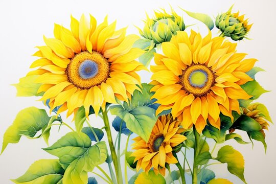 a group of sunflowers with green leaves