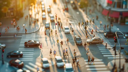 Obraz premium Busy Urban Intersection with Pedestrians and Traffic Lights. Concept of city life, movement, and transportation