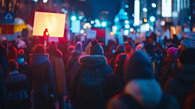 A crowd of people gathered at a street protest