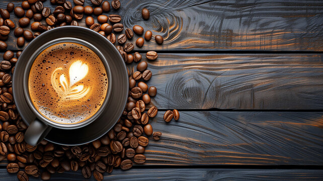 Top view of a hot cup of coffee with coffee beens on a wooden table