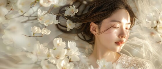 Portrait of Japanese woman amongst a sea of white cherry blossoms, bathed in a soft, sunlit ambiance