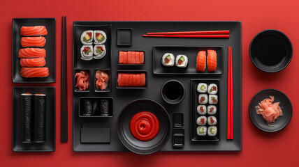 Top view of sushi and sauces on a black and red background