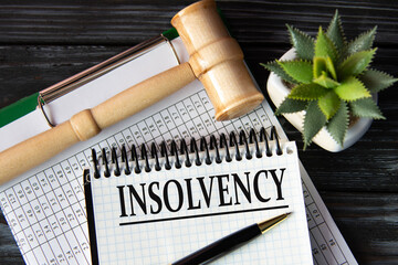 INSOLVENCY - word on a white sheet on the background of a judge's gavel, a cactus and a pen