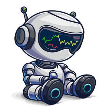 Vector illustration of cute cartoon robot trader with heart rate monitor on white background