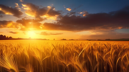 Obraz premium Wheat field in the sun close-up during harvest season