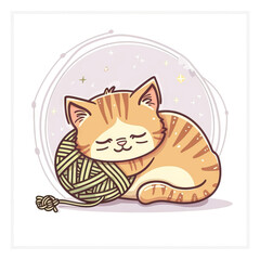 Charming Cat Napping Beside a Yarn Ball. Vector Icon Illustration. Animal Nature Icon Concept Isolated Premium Vector